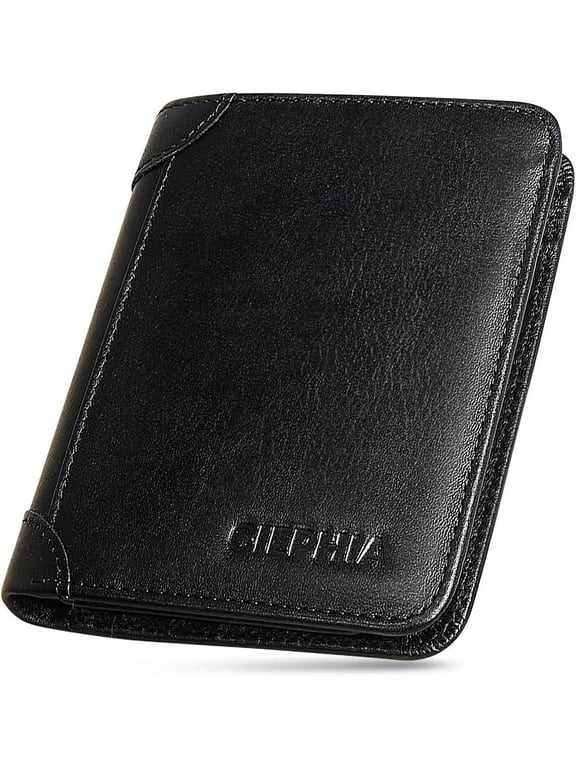 Genuine Leather Trifold Wallet for Men, RFID Blocking Card Holder, Black