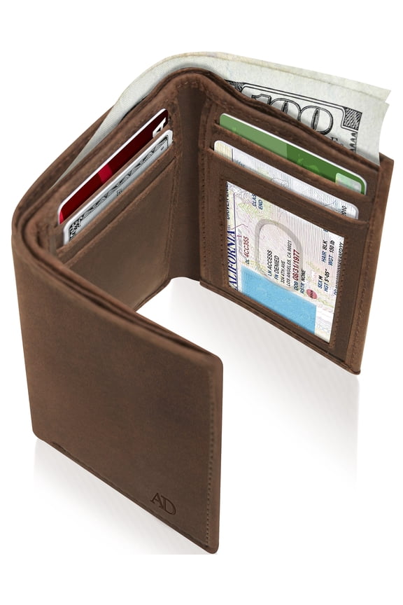 Genuine Leather Trifold Wallets For Men - Mens Trifold Wallet With ID Window Gifts For Men RFID Blocking
