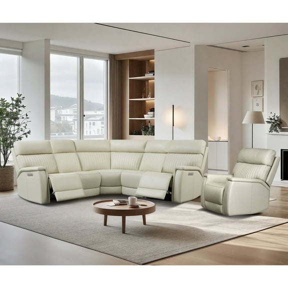 Genuine Leather Triple Power Reclining Sofa Set, 5-Seat L-Shaped Sectional & One Power Recliner with Zero Gravity, USB/USB-C Ports & Modular Design