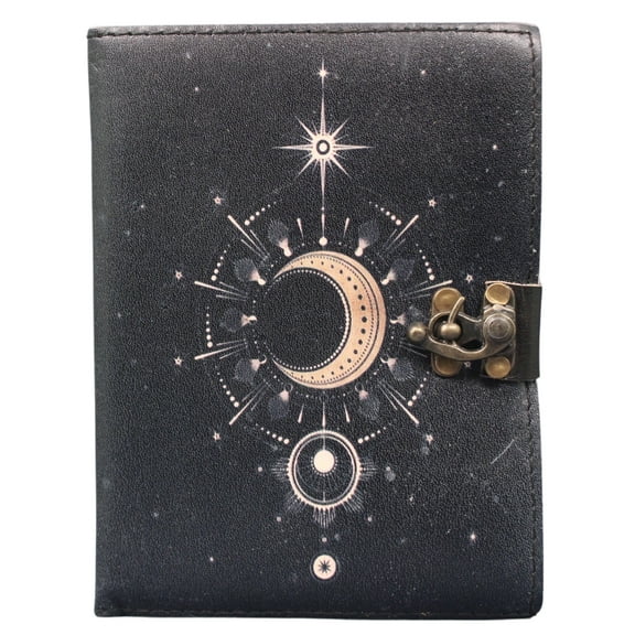 Mystic Moon Black Leather Journal  Handmade UV Printed Celestial Diary with Antique Lock | 7x5 Unlined Deckle Edge Sketchbook & Writing Notebook