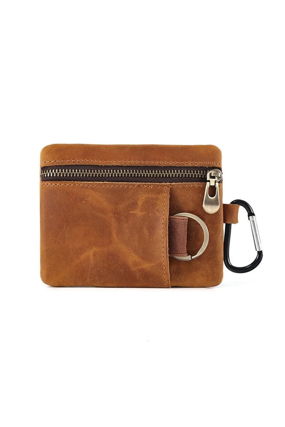 Genuine Leather Unisex Coin Purse Card Holder with Key Ring & Clip. Slim Minimalist Wallet. Top Grain Cow Real Leather.