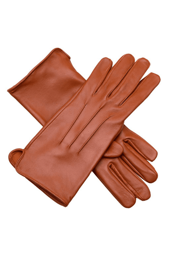 Genuine Leather Unlined Women Dress Gloves With Beautiful Standard Length Extended Up to 2 Inches From Wrist (Cognac, Small)