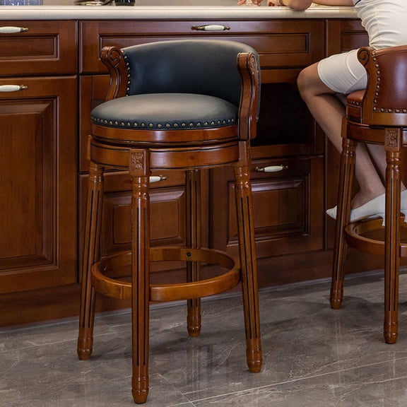 Genuine Leather Upholstery Walnut Frame 360 Degree Swivel Solid Wood Low Back Bar Stool Elegant Chair for Bar, Kitchen, Dining Room - 1pc