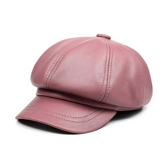 Genuine Leather Vintage Hat Women Newsboy Cap Pink Baker Boy Cap H-igh Qua-lity Ladies Winter Octagonal Cap ,Comfortable Lined