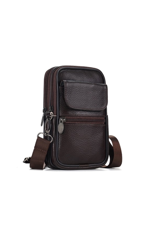 Genuine Leather Waist Bag Gift for Man Small Crossbody Shoulder Bag Business Belt Pouch Pocket Fannypack Zipper Coin Purse Male Wallet Sport Run Phone Money bag Vertical Multifunctional Messenger Bag