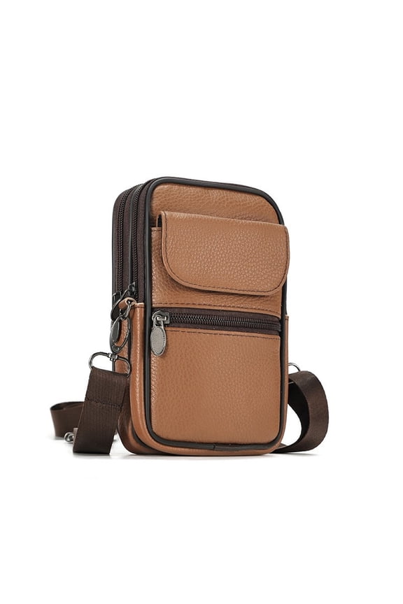 Genuine Leather Waist Bag Gift for Man Small Crossbody Shoulder Bag Business Belt Pouch Pocket Fannypack Zipper Coin Purse Male Wallet Sport Run Phone Money bag Vertical Multifunctional Messenger Bag