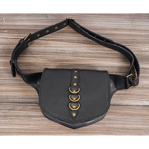 Genuine Leather Waist Bag with Multiple Pockets, Adjustable Belt, Black