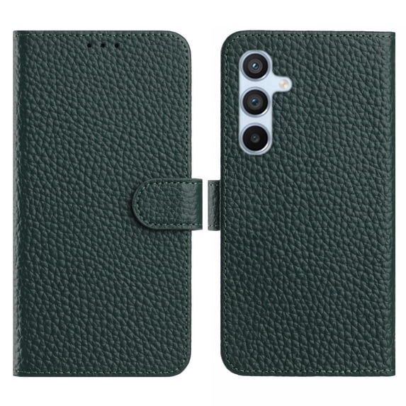Genuine Leather Wallet Case for Samsung Galaxy A55, Lychee Texture, with 3 Card Slots & 1 Cash Pocket, Kickstand Scratch-Proof Full Body Protection Phone Cover for Galaxy A55, Green