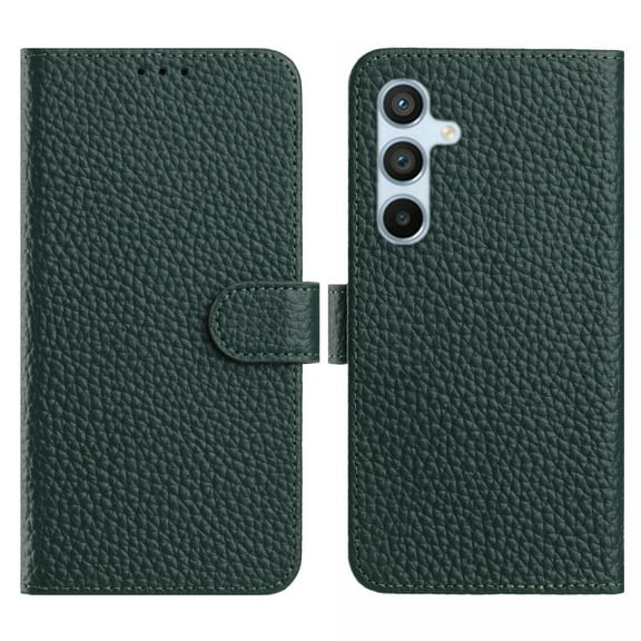 Genuine Leather Wallet Case for Samsung Galaxy S24 FE, Lychee Texture, with 3 Card Slots & 1 Cash Pocket, Kickstand Scratch-Proof Full Body Protection Phone Cover for Galaxy S24 FE, Green