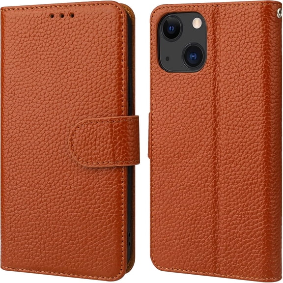 Genuine Leather Wallet Case for iPhone 13 5G Wireless Charge RFID Blocking Credit Card Holder Kickstand Folio Flip Protective Cover with Wrist Strap Magnetic Clasp 6.1 Inch(Brown)