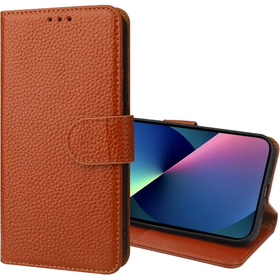 Genuine Leather Wallet Case for iPhone 13 Pro 5G Wireless Charge RFID Blocking Credit Card Holder Kickstand Folio Flip Protective Cover with Wrist Strap Magnetic Clasp 6.1 Inch(Brown)