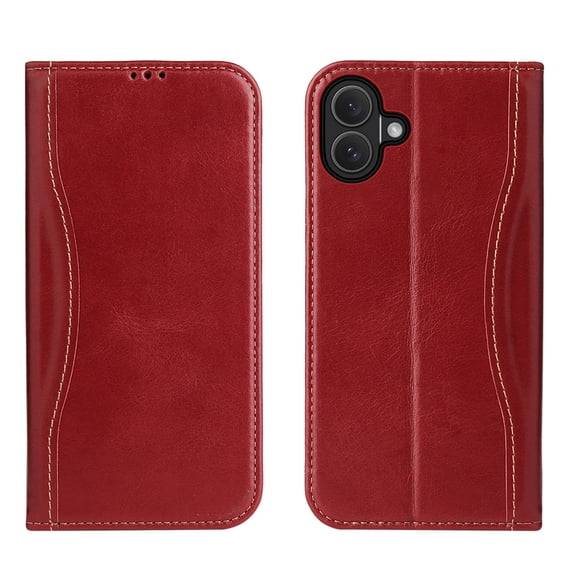 Genuine Leather Wallet Case for iPhone 16 Plus with Shockproof TPU Interior Case, Classic Credit Card Holder Kickstand Flip Folio Book Full Body Protection Cover for iPhone 16 Plus, Red