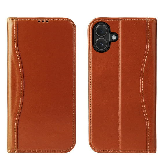 Genuine Leather Wallet Case for iPhone 16 with Shockproof TPU Interior Case, Classic Credit Card Holder Kickstand Flip Folio Book Full Body Protection Cover for iPhone 16, Brown