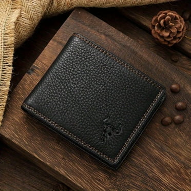 Genuine Leather Trifold Wallet for Men, Large Capacity, RFID Blocking, Vintage Style, Black, 1-Piece