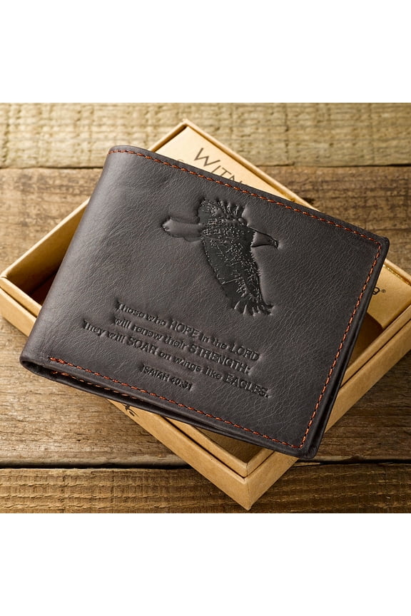 Genuine Leather Wallet for Men Wings Like Eagles Isaiah 40:31 Bible Verse Quality Classic Brown Leather Bifold Wallet Christian Gifts for Men