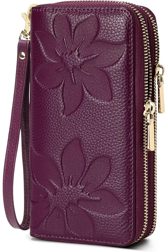 Genuine Leather Wallet for Women,Large Capacity Credit Card Holder Wallet with RFID Blocking,Dual Zipper Phone Purse