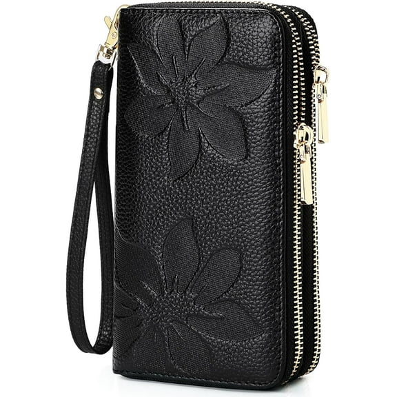Genuine Leather Wallet for Women,Large Capacity Credit Card Holder Wallet with RFID Blocking,Dual Zipper Phone Purse