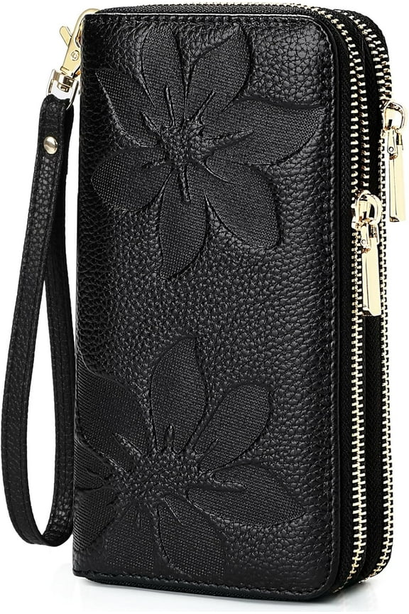 Genuine Leather Wallet for Women,Large Capacity Credit Card Holder Wallet with RFID Blocking,Dual Zipper Phone Purse