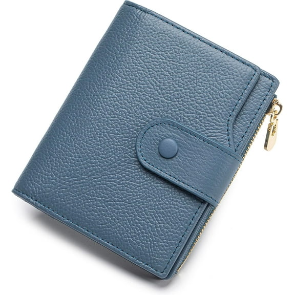 Genuine Leather Wallets for Women RFID Blocking Bifold with Zipper Pocket, 2 ID Windows, 18 Card Slots, Blue
