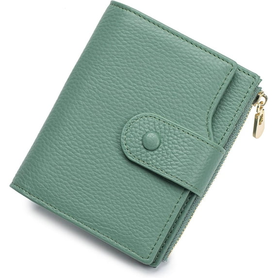 Genuine Leather Wallets for Women RFID Blocking Bifold with Zipper Pocket, 2 ID Windows, 18 Card Slots, Green