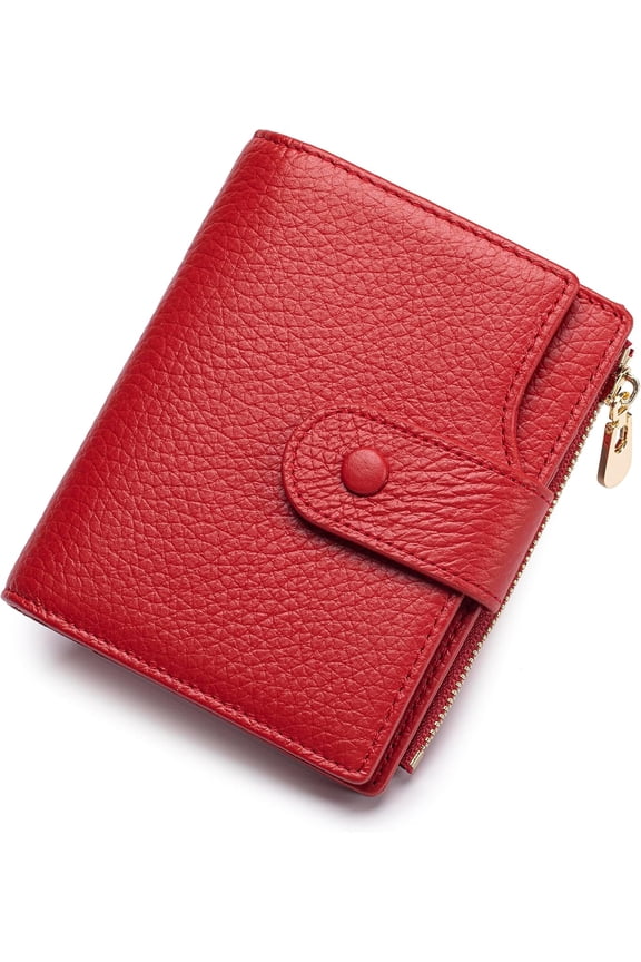 Genuine Leather Wallets for Women RFID Blocking Bifold with Zipper Pocket, 2 ID Windows, 18 Card Slots, Red