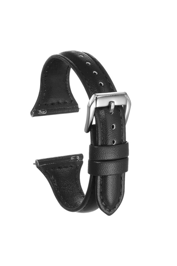 Genuine Leather Watch Band 20mm Quick Release Elegant Top Grain Replacement Strap Black/Silver Tone