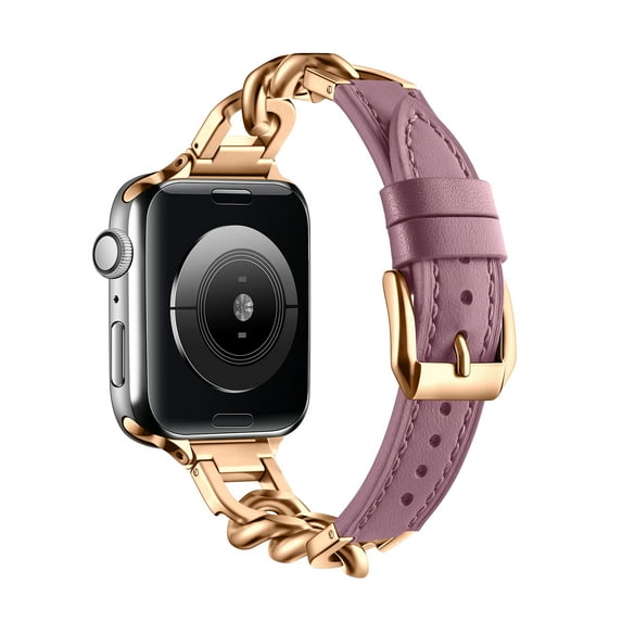 Genuine Leather Watch Band Compatible with Apple Watch 42/44/45/49mm Women, Slim Strap with Cool Stainless Steel Metal Chain for iWatch Series 9/8/7/6/5/SE/4/3/2/1 Ultra/Ultra 2, Rosegold+Lightpurple