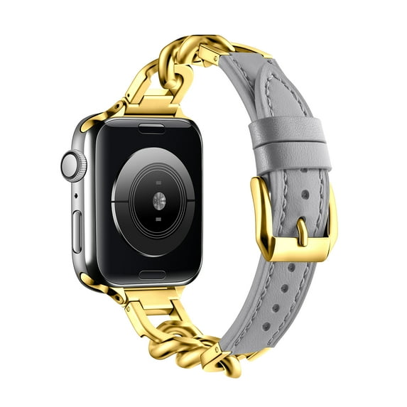 Genuine Leather Watch Band Compatible with Apple Watch 42/44/45/49mm Women, Slim Strap with Cool Stainless Steel Metal Chain for iWatch Series 9/8/7/6/5/SE/4/3/2/1 Ultra/Ultra 2, Gold+Gray
