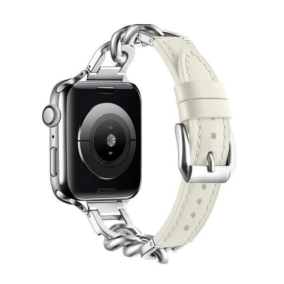 Genuine Leather Watch Band Compatible with Apple Watch 42/44/45/49mm Women, Slim Strap with Cool Stainless Steel Metal Chain for iWatch Series 9/8/7/6/5/SE/4/3/2/1 Ultra/Ultra 2, Silver+Beige