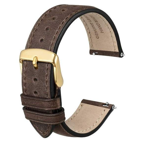 Genuine Leather Watch Bands Quick Release, Crazy Horse Leather Watch Straps for Men and Women, Band Width 22mm,Gold Stainless Steel Buckle