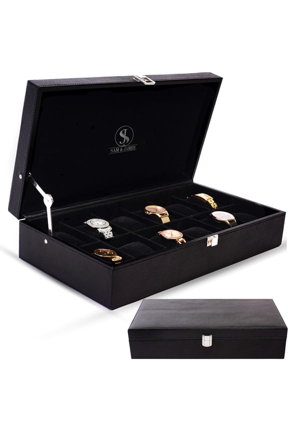 Genuine Leather Watch Box for Men, 12-Slot Wrist Watch Case, Full-Grain Black Leather Organizer with Lid for Closet Storage