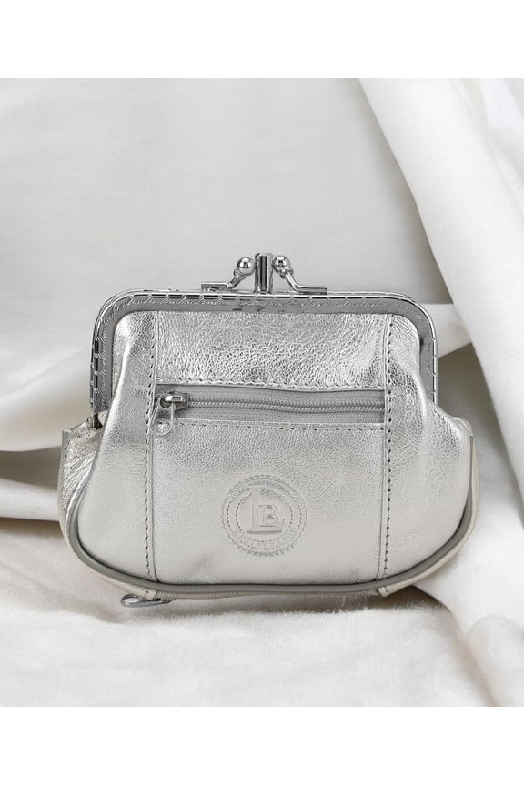 Genuine Leather Woman Coin Purse Double Frame Change Wallet, Silver