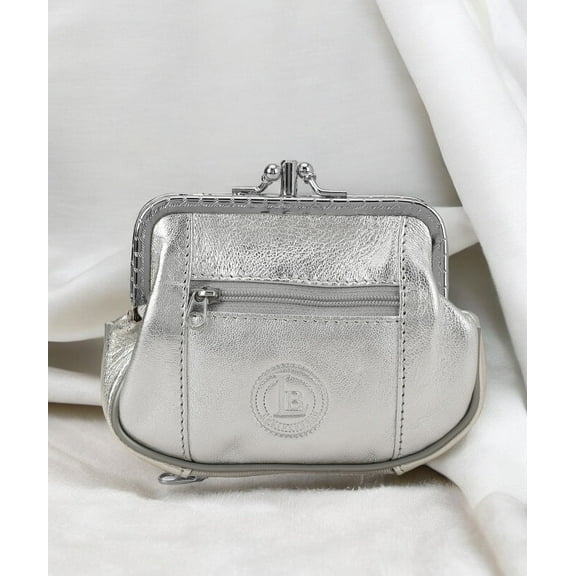 Genuine Leather Woman Coin Purse Double Frame Change Wallet, Silver