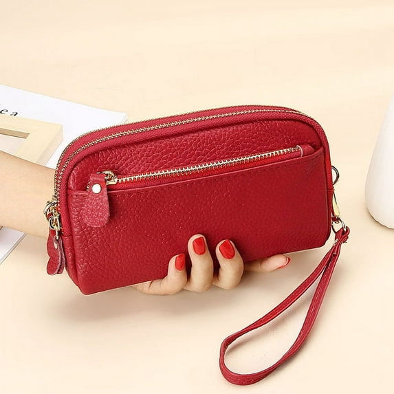Genuine Leather Women Double Zip Wallet 2024 new Ladies Clutch Purse Cowhide Wristlet Bag Coin Purse Fashion Mobile Phone Bags