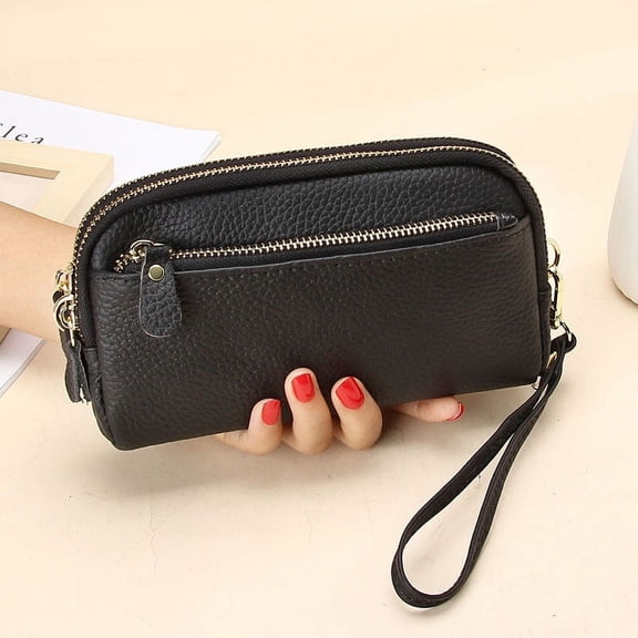 Genuine Leather Women Double Zip Wallet 2024 new Ladies Clutch Purse Cowhide Wristlet Bag Coin Purse Fashion Mobile Phone Bags