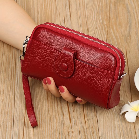 Genuine Leather Women'S Wallet, Casual Continental Style, Zipper Closure, Wristlet, Polyester Lined, with Zip Pocket and Paper Money Compartment