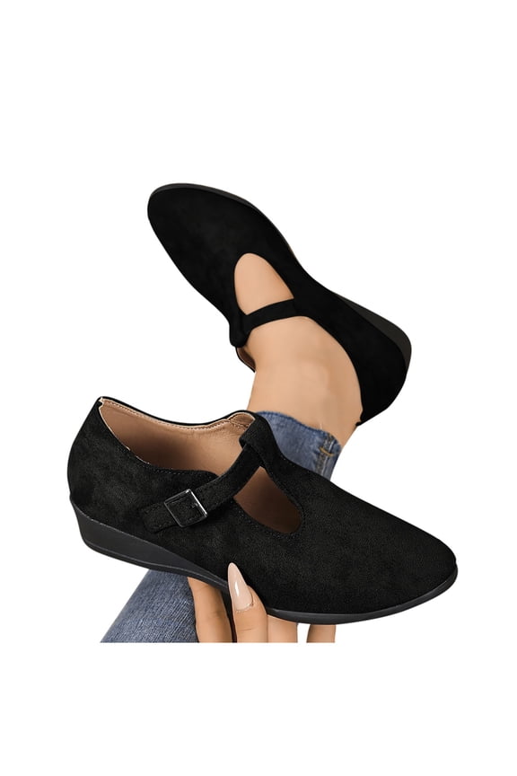 Genuine Leather Women's Sandals with Memory Foam Natural Cork Fashion And Casual Summer Solid-Color Pointed Toe Shallow Mouthed Button Up Wedge Heel Sandals