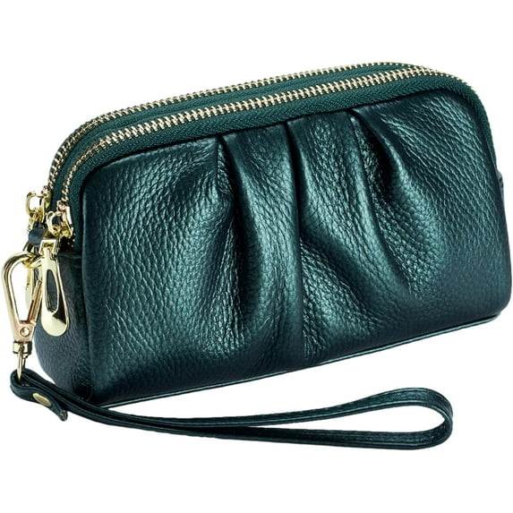 Genuine Leather Women's Wallets, Multi Functional Double Zipper Pleated Coin Purse, Ladies Purse Cell Phone Handbag-Brown