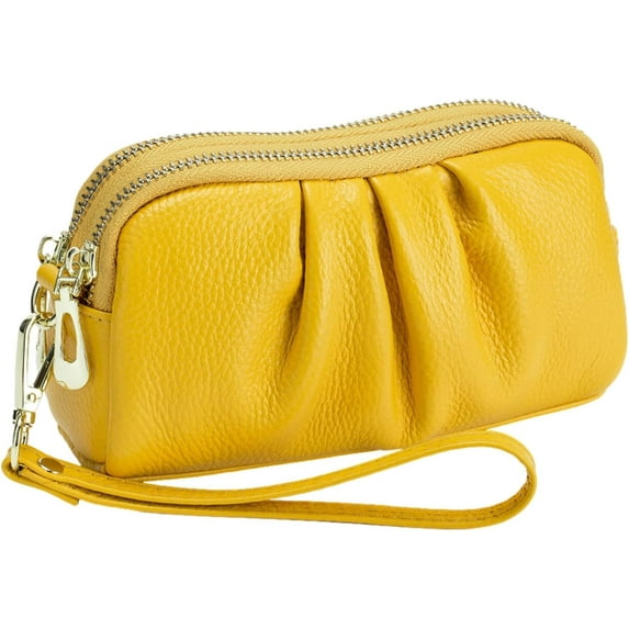 Genuine Leather Women's Wallets, Multi Functional Double Zipper Pleated Coin Purse, Ladies Purse Cell Phone Handbag-Brown