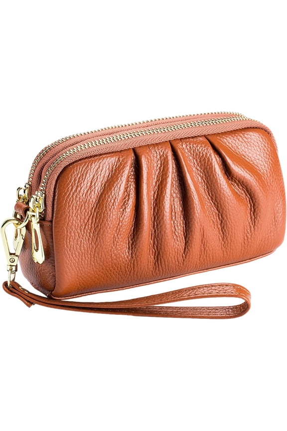 Genuine Leather Women's Wallets, Multi Functional Double Zipper Pleated Coin Purse, Ladies Purse Cell Phone Handbag-Brown