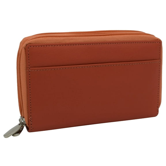 Genuine Leather Womens RFID Blocking Security Double Zip-around Indexer Phone Wallet