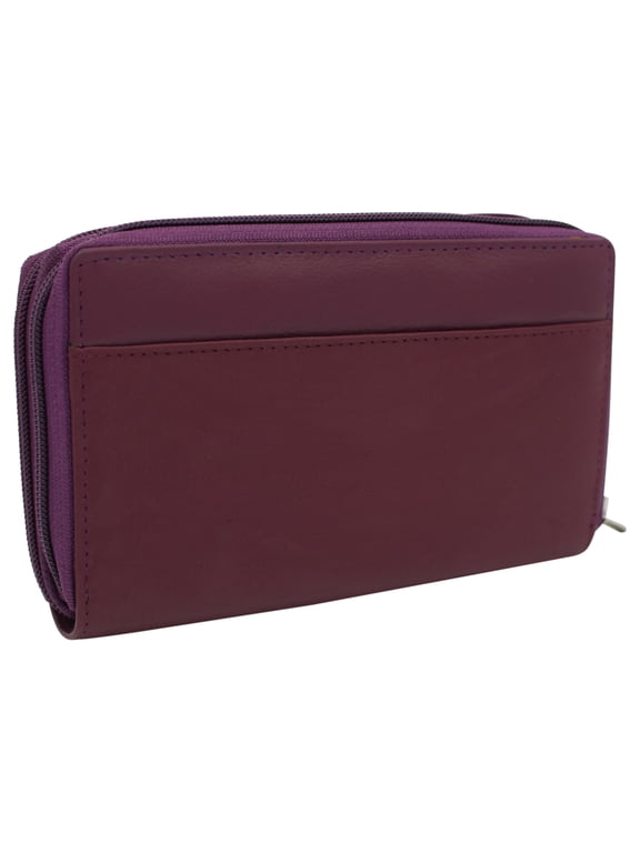 Genuine Leather Womens RFID Blocking Security Double Zip-around Indexer Phone Wallet