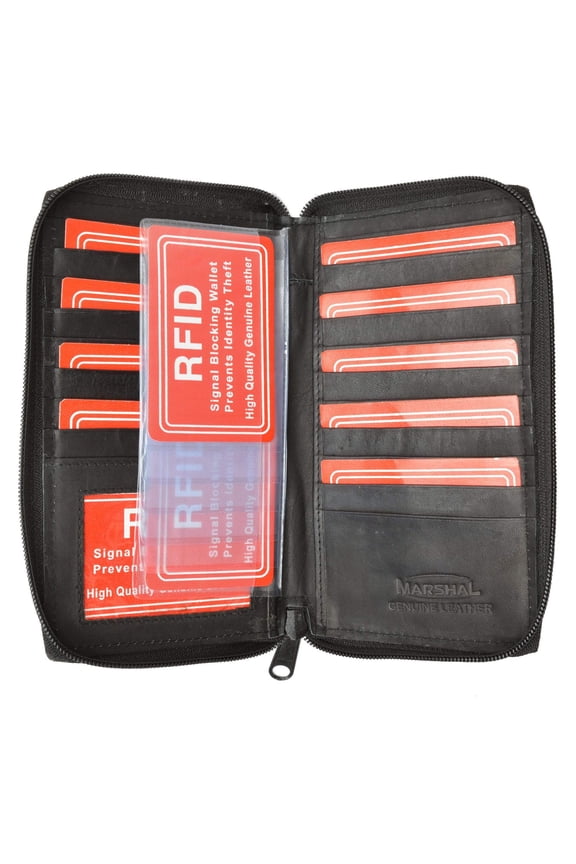 Genuine Leather Zip Around Credit Card Organizer Wallet with ID Window RFID 729 (C)