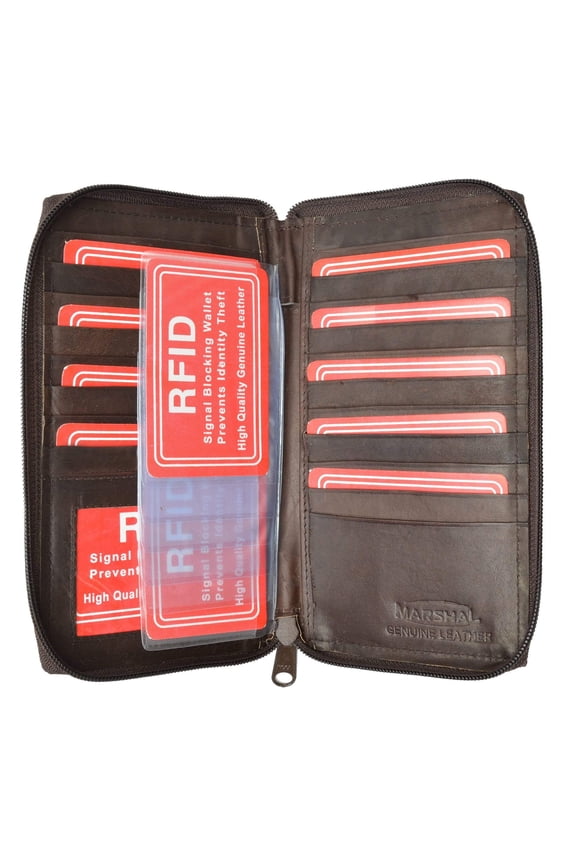 Genuine Leather Zip Around Credit Card Organizer Wallet with ID Window RFID 729 (C)