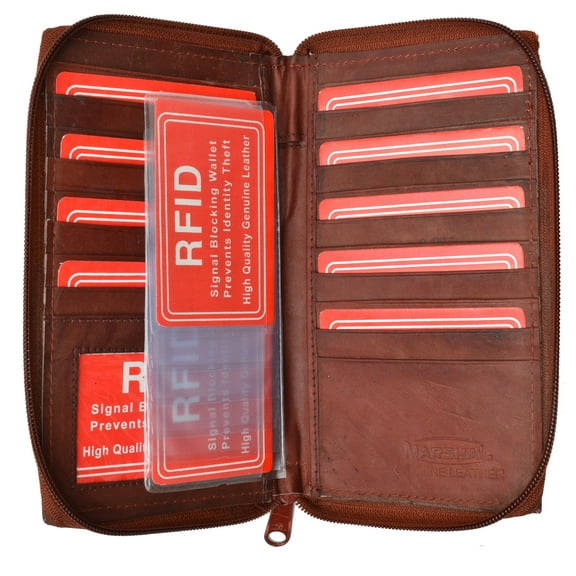 Genuine Leather Zip Around Credit Card Organizer Wallet with ID Window RFID 729 (C)