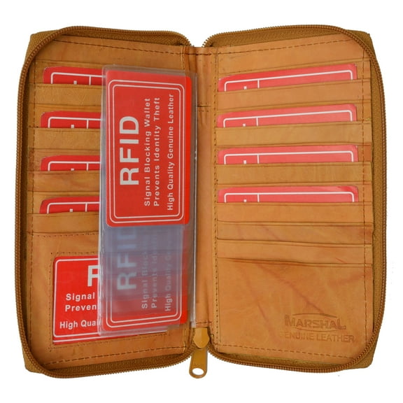 Genuine Leather Zip Around Credit Card Organizer Wallet with ID Window RFID 729 (C)