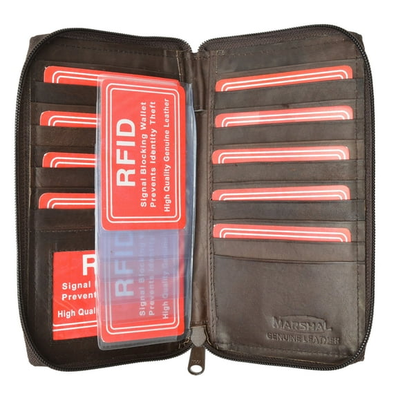 Genuine Leather Zip Around Credit Card Organizer Wallet with ID Window RFID 729 (C)