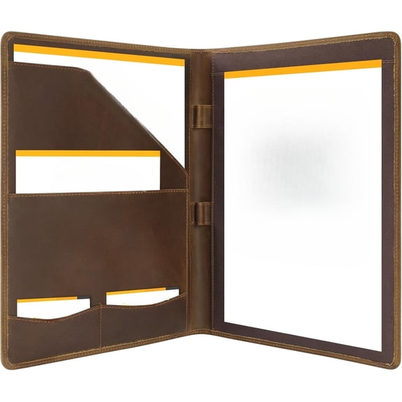 Genuine Leather Zipper Briefcase for Men and Women, Business Resume Folder Organizer, Brown