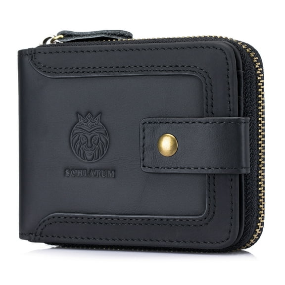 Genuine Leather Zipper Wallet for Men RFID Blocking Large Capacity Vintage Wallet with Coin Pocket ID Window, Black