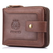 Genuine Leather Zipper Wallet for Men Rfid Blocking  Vintage Wallet with Coin Pocket ID Window, Coffee